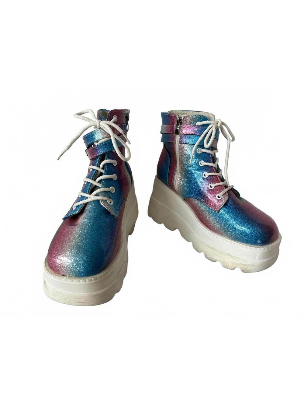 Platform Ankle Boots with Blue & Pink Glitter Finish Size Men’s 10 or Women’s 12